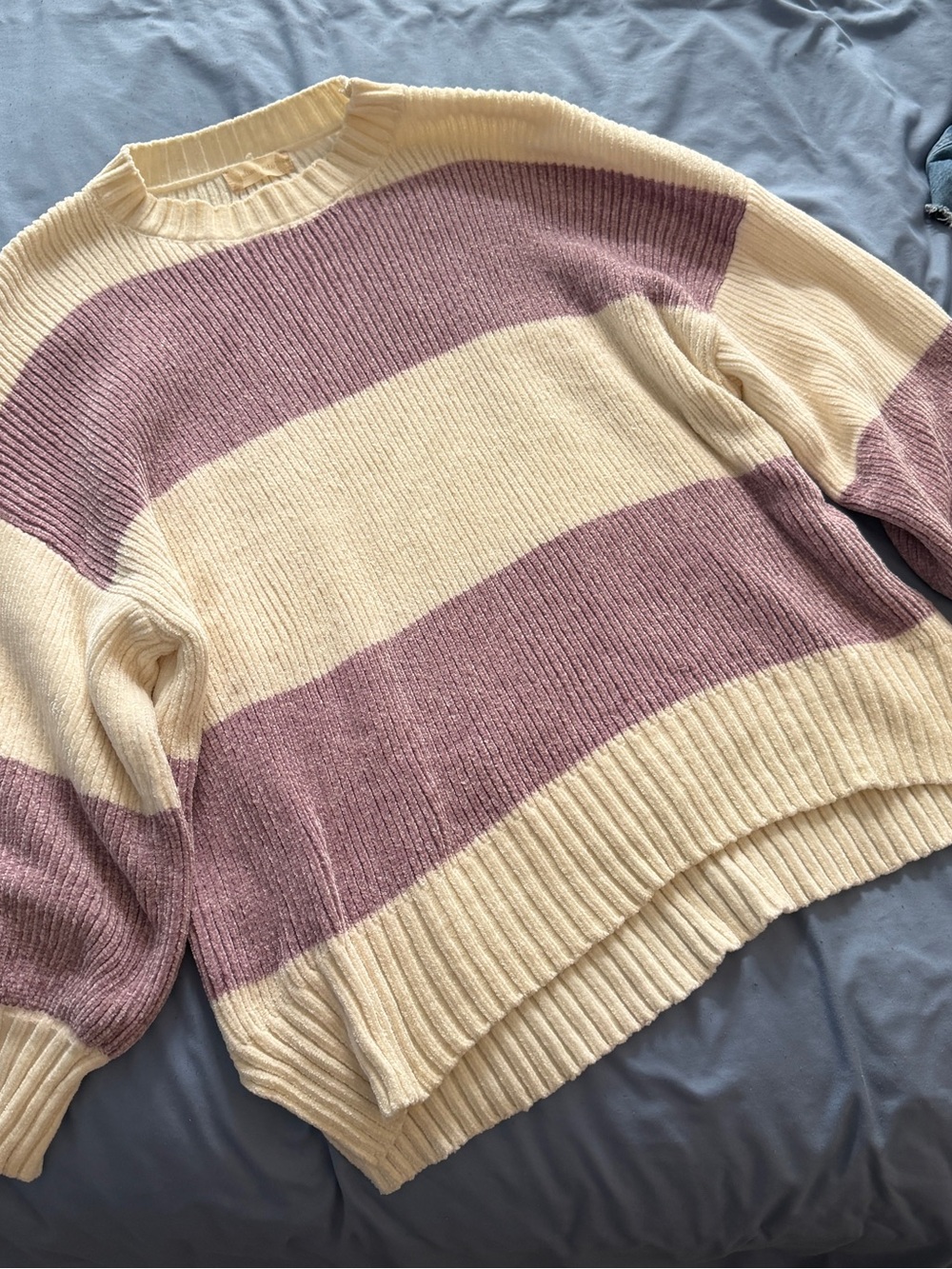 Altar'd State Cream and Mauve Striped Crewneck Sweater